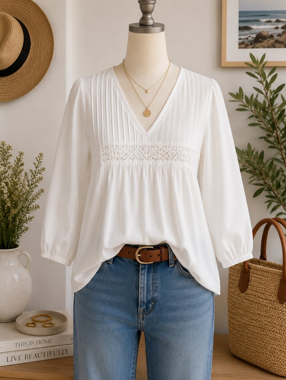 Women’s White V-Neck Pintuck Smocked Blouse